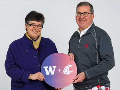 Photograph of UW President Ana Mari Cauce and WSU President Kirk Schulz